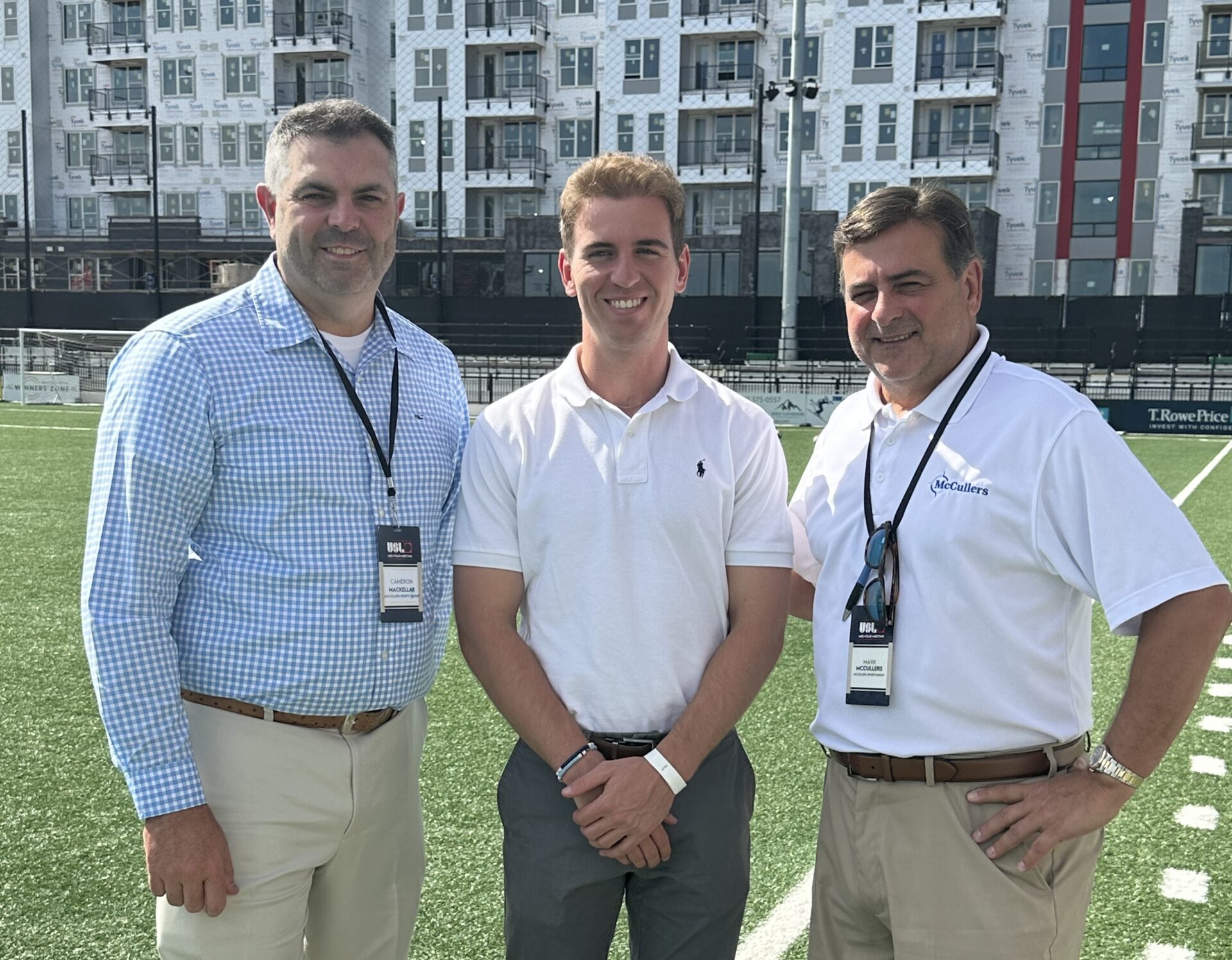 New VP of Project Management Cameron MacKellar (left) joins colleagues Corey McCullers (center) and Mark McCullers at the 2023 USL Summer Showcase