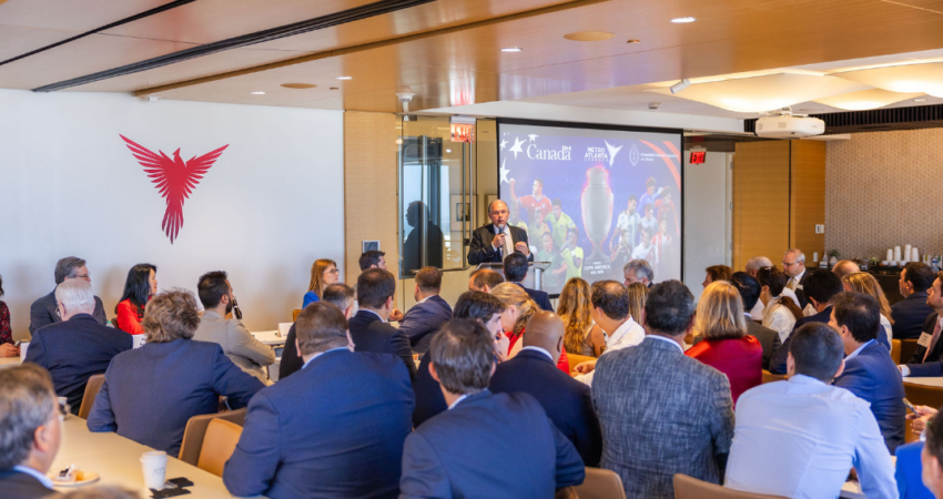 Members of the Atlanta and Argentina business communities network at the 2024 Copa America B2B Networking Breakfast